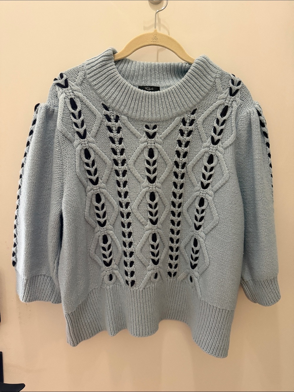 Rails Light Blue Cable Knit Sweater with Contrast Detail.